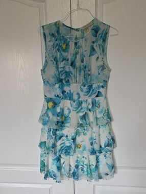 Rinascimento Teal and White Floral Tiered Mini Dress